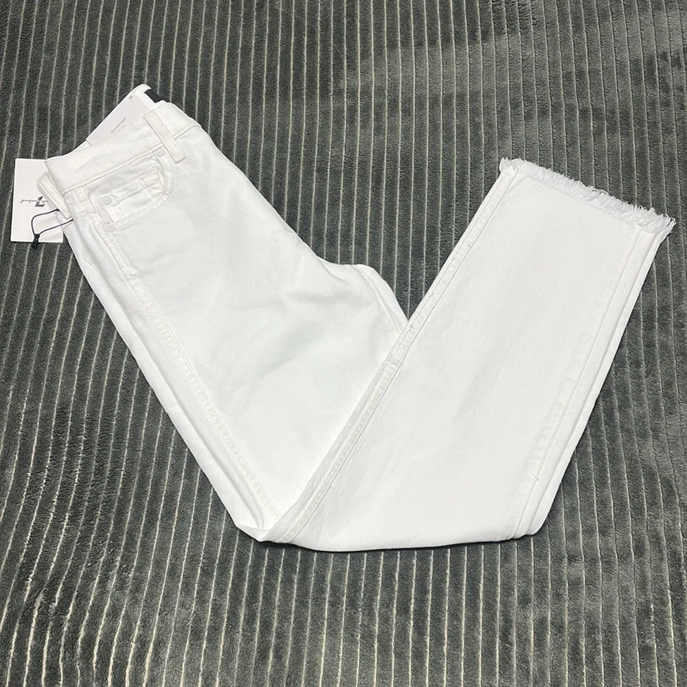 7 For All Mankind High Waisted White Cropped Straight Leg Jeans - Picture 4 of 11